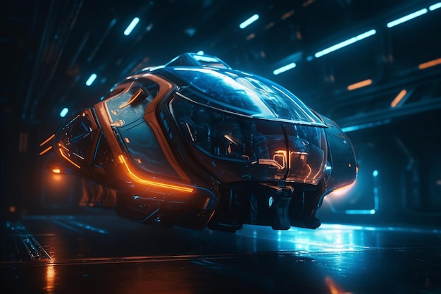 A futuristic car in a dark scene with the number 2 on the front.