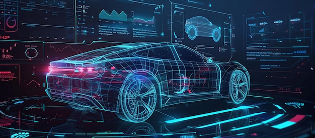 Photo a futuristic car dashboard in style low poly wireframe in line diagnostics in fui gui