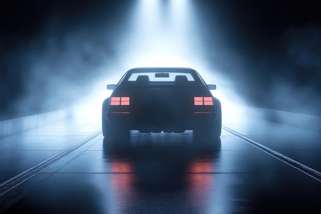 Futuristic Car in Dimly Lit Tunnel with Atmospheric Fog and Reflective Wet Surface