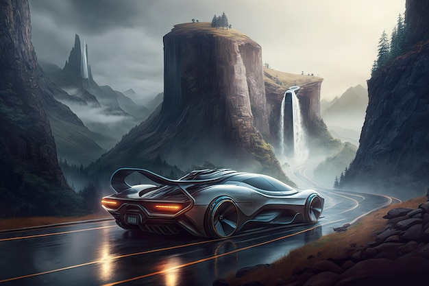 Futuristic car drives on misty mountain highway overlooking towering cliffs and waterfalls