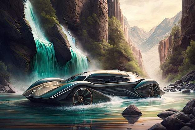 Futuristic car drives past rushing river with the waterfalls in the background