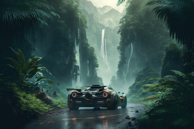 Futuristic car drives through dense rainforest with misty waterfalls in the background