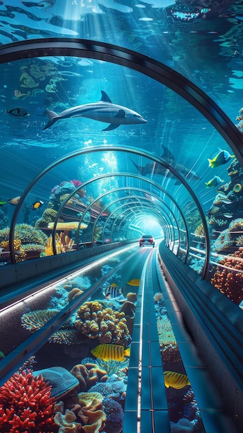 Futuristic car drives through a serene underwater tunnel surrounded by a vibrant coral reef and diverse fish