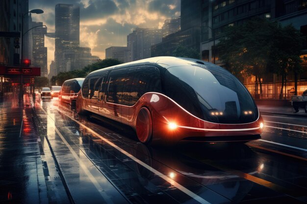 Futuristic Car Driving Through City Streets at Night The future of transportation AI Generated