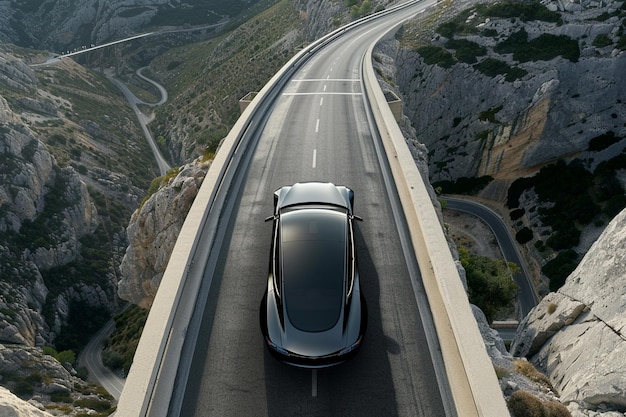 Photo futuristic car driving through mountainous landscape on sunny day