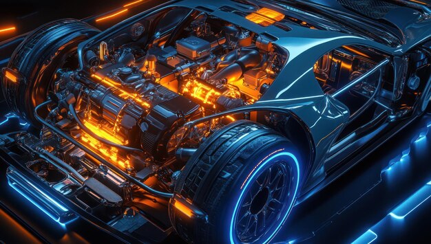 Photo futuristic car engine with glowing lights