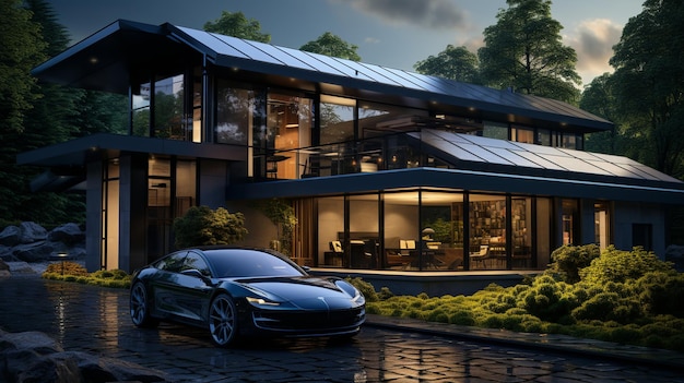 Futuristic car in front of a modern house in Night