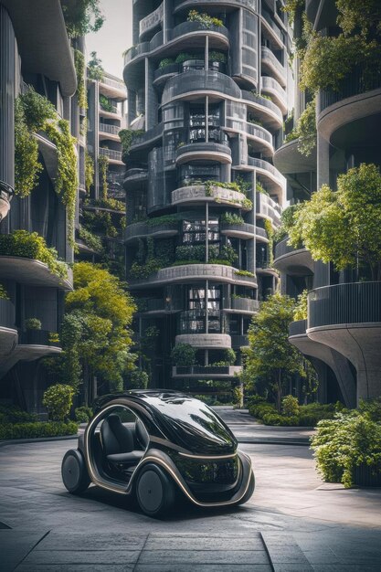 Photo futuristic car in a green city