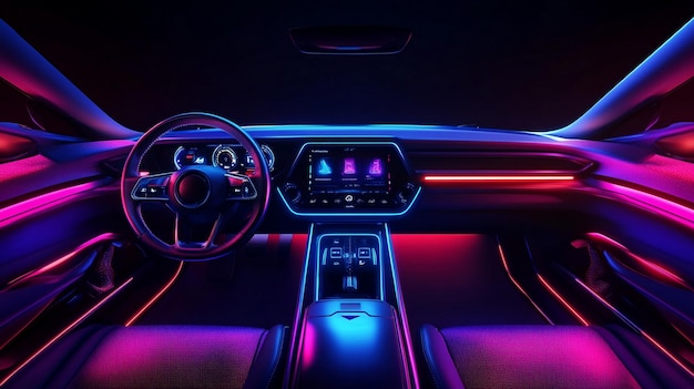 Futuristic Car Interior Illuminated with Neon Lights