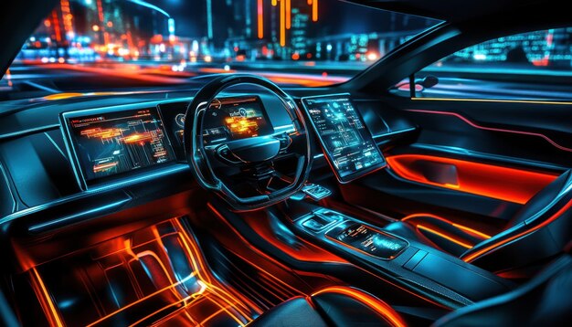 Photo futuristic car interior with glowing displays in a vibrant city at night