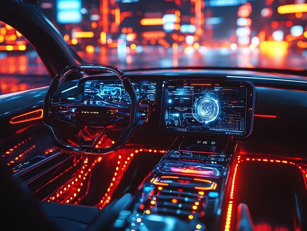 Photo futuristic car interior with glowing red and blue lights