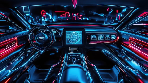 Photo futuristic car interior with neon lights and digital dashboard