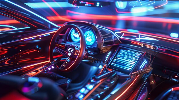 Photo futuristic car interior with neon lights generative ai