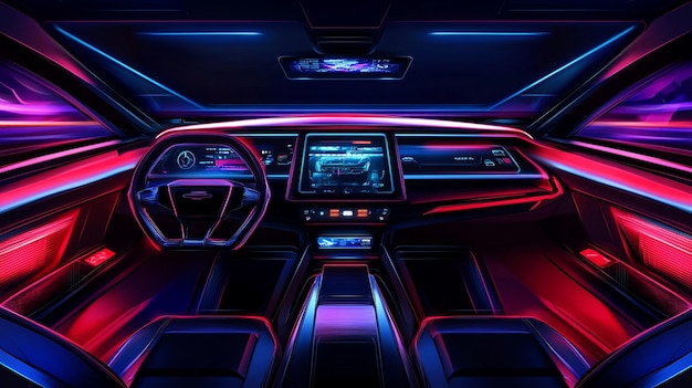 Futuristic Car Interior with Neon Lights and Holographic Dashboard