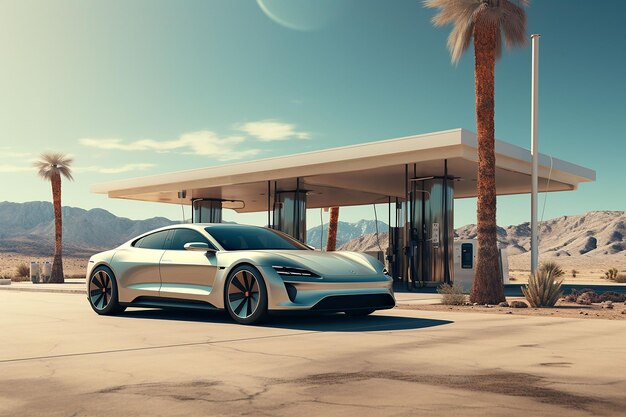 A futuristic car is parked by a gas station in the desert