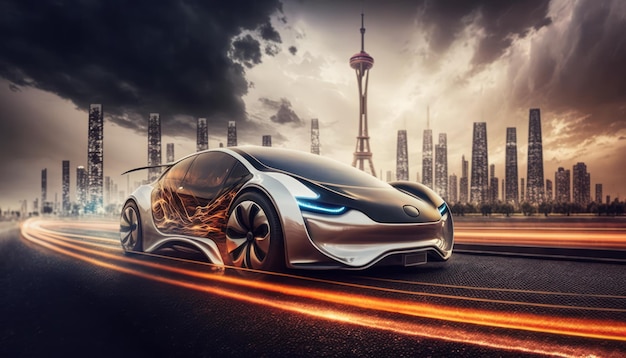 A futuristic car is on the road in front of a cityscape.