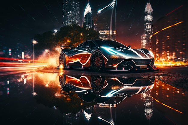 Futuristic car is shown in front of cityscape at night Generative AI