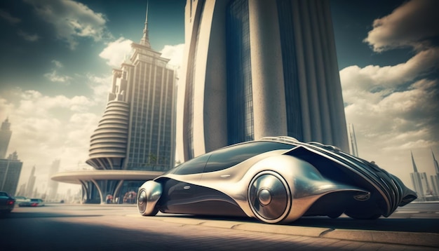 A futuristic car is shown in front of a cityscape.