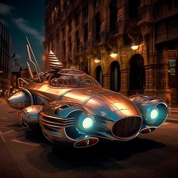 A futuristic car is on a street in a city.