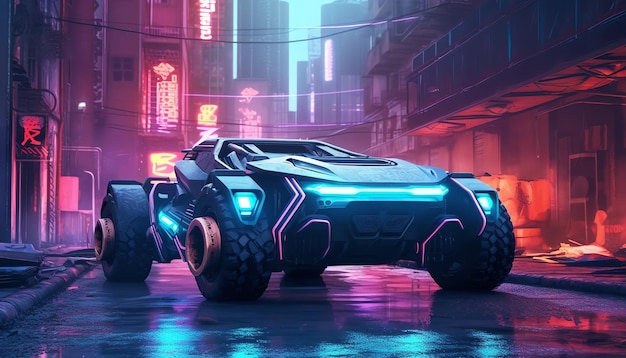 A futuristic car in a neon city