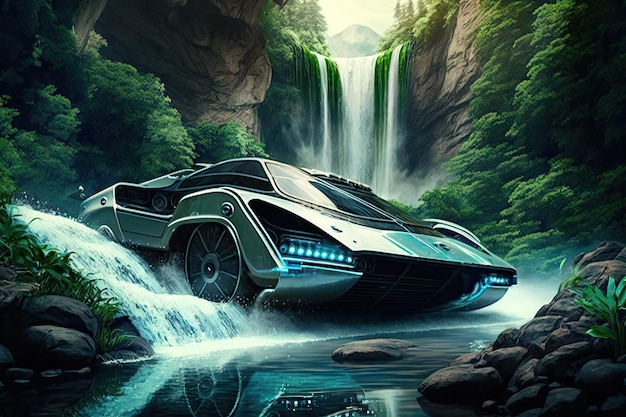 Futuristic car passes by waterfall with clear water and lush greenery in the background