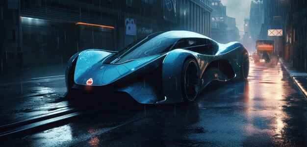 A futuristic car in the rain