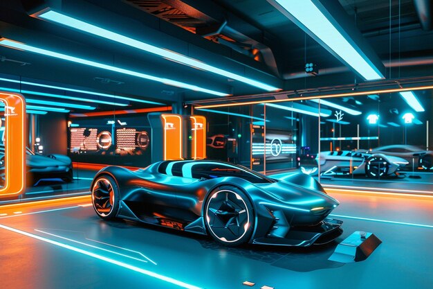 A futuristic car showroom featuring autonomous mod generative ai