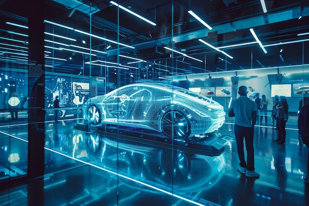 Futuristic car showroom holographic displays interactive tech advanced electric vehicle in dome