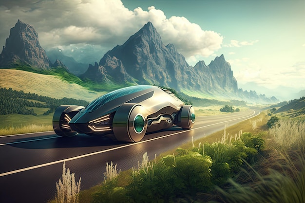 Futuristic car speeding on a highway surrounded by lush greenery with mountains in the background