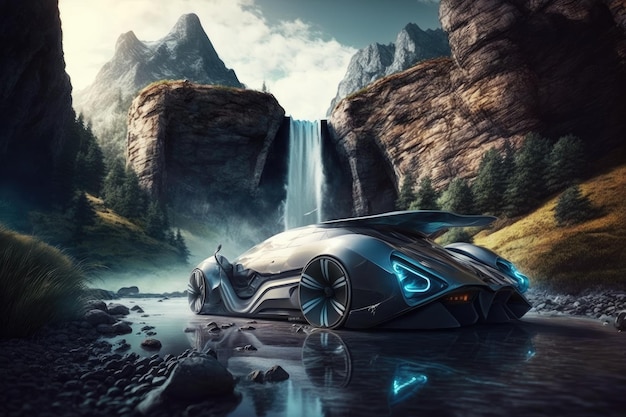 Futuristic car speeding past a waterfall in the mountains