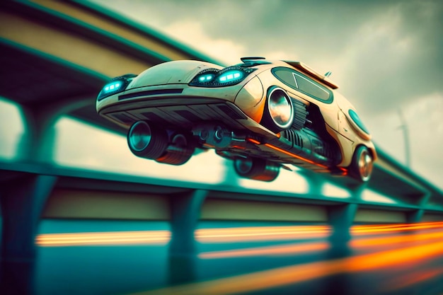 A futuristic car takes to the air on a flyover bridge