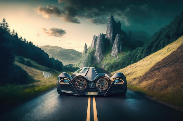 Futuristic car traveling on a windy mountain road with the view of rolling hills and tall trees