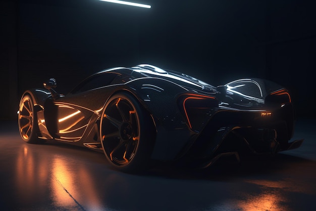 A futuristic car with a black background and the word mclaren on the side.