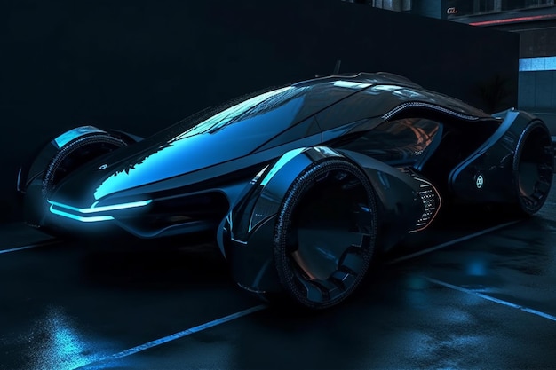 A futuristic car with a large wheel and a large taillight.