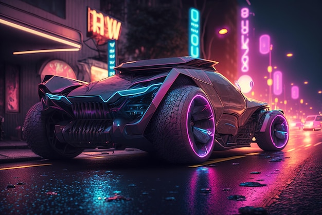 Futuristic car with neon glowing in cyber city sports cyberpunk auto generative AI