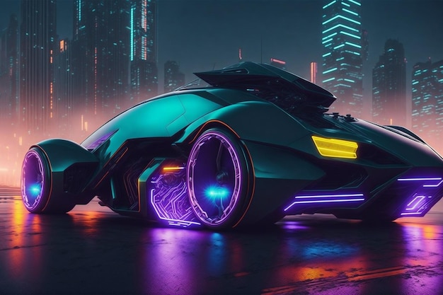 A futuristic car with neon lights and a city in the background.