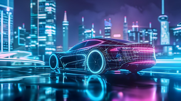 Futuristic car with neon lights in a digital cityscape at night