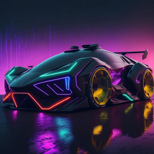 A futuristic car with neon lights on the front.