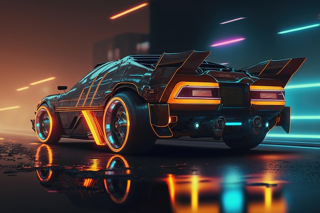 A futuristic car with neon lights and a rear view