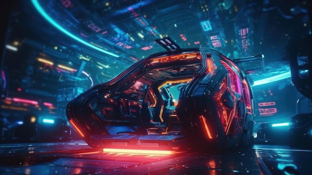 A futuristic car with neon lights and a sign that says'cyberpunk '