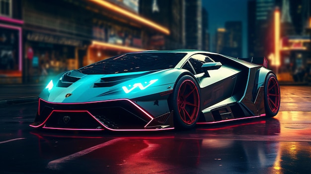 A futuristic car with neon lights and the word Lamborghini