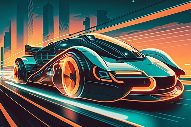 A futuristic car with a neon orange glow.