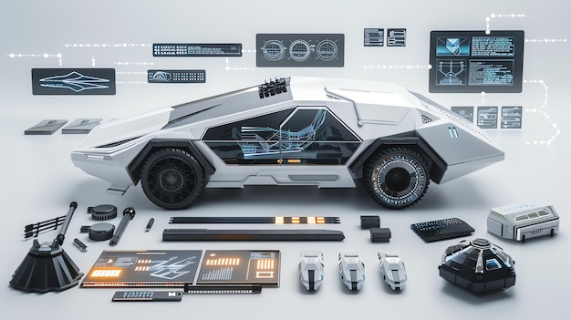 Photo futuristic car with transparent body disassembled