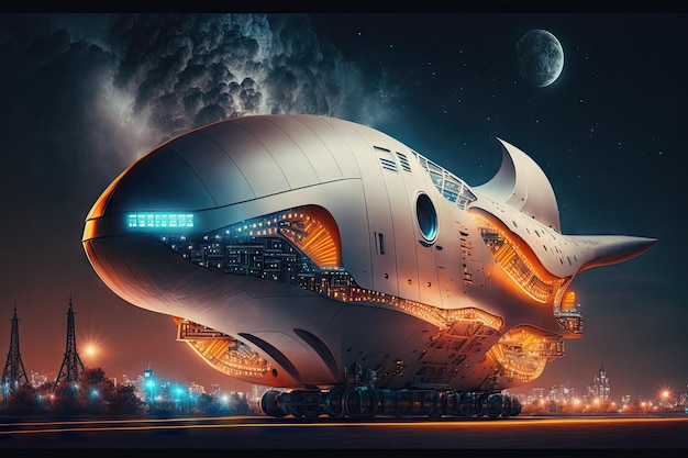 Futuristic cargo plane of future against backdrop of illuminated night city created with generative