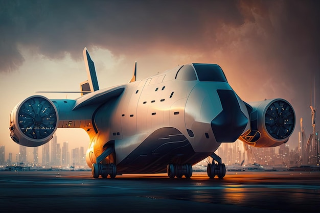 Futuristic cargo plane of future with illuminated engines against backdrop of city created with gene