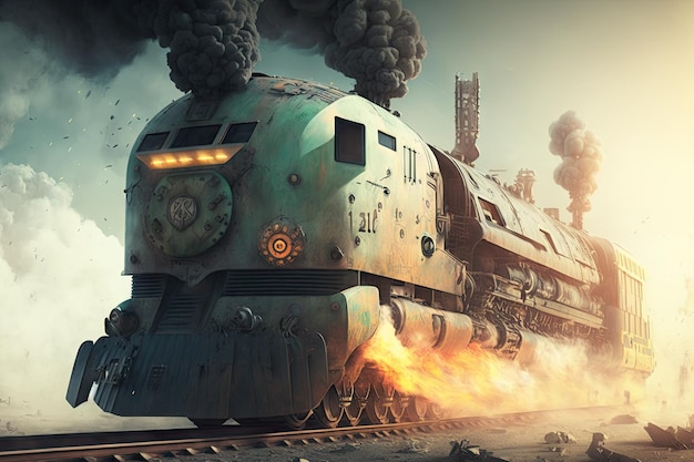 Futuristic cargo train of future in image of postapocalyptic rails and smoking locomotive created wi