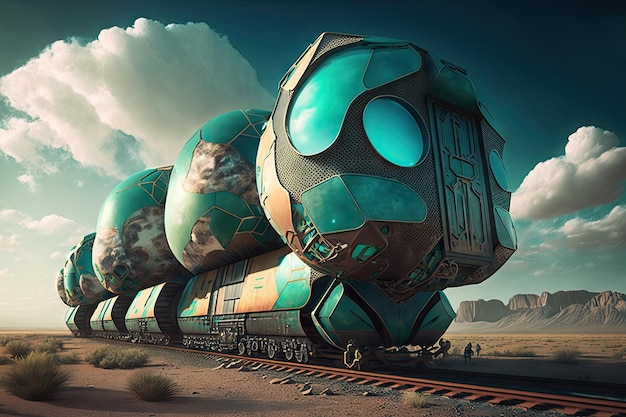 Futuristic cargo train of future with shiny surface and hanging containers created with generative a