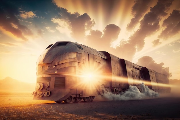 Futuristic cargo train of future with white smoke and rays against background of sunset created with