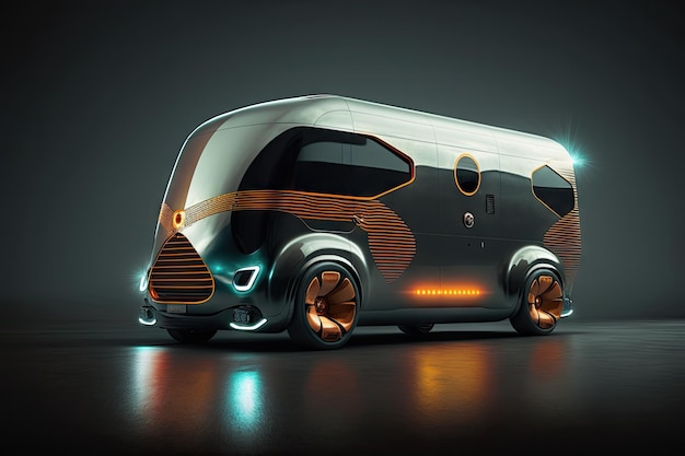 Futuristic cargo van of future with illuminated forwardmoving headlights and glistening exterior