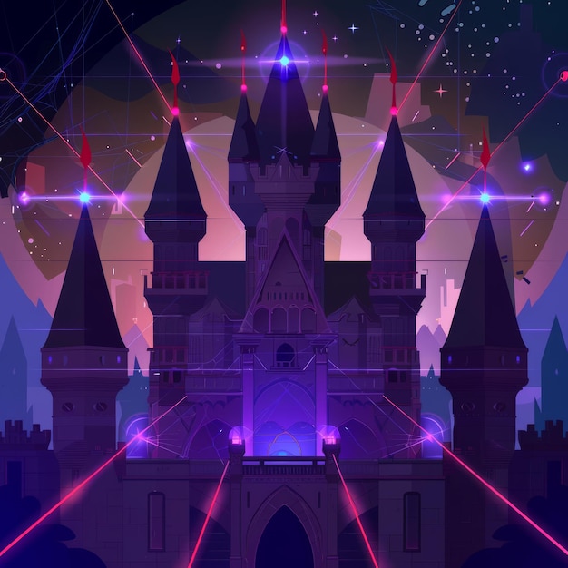 Photo a futuristic castle illuminated by neon lights